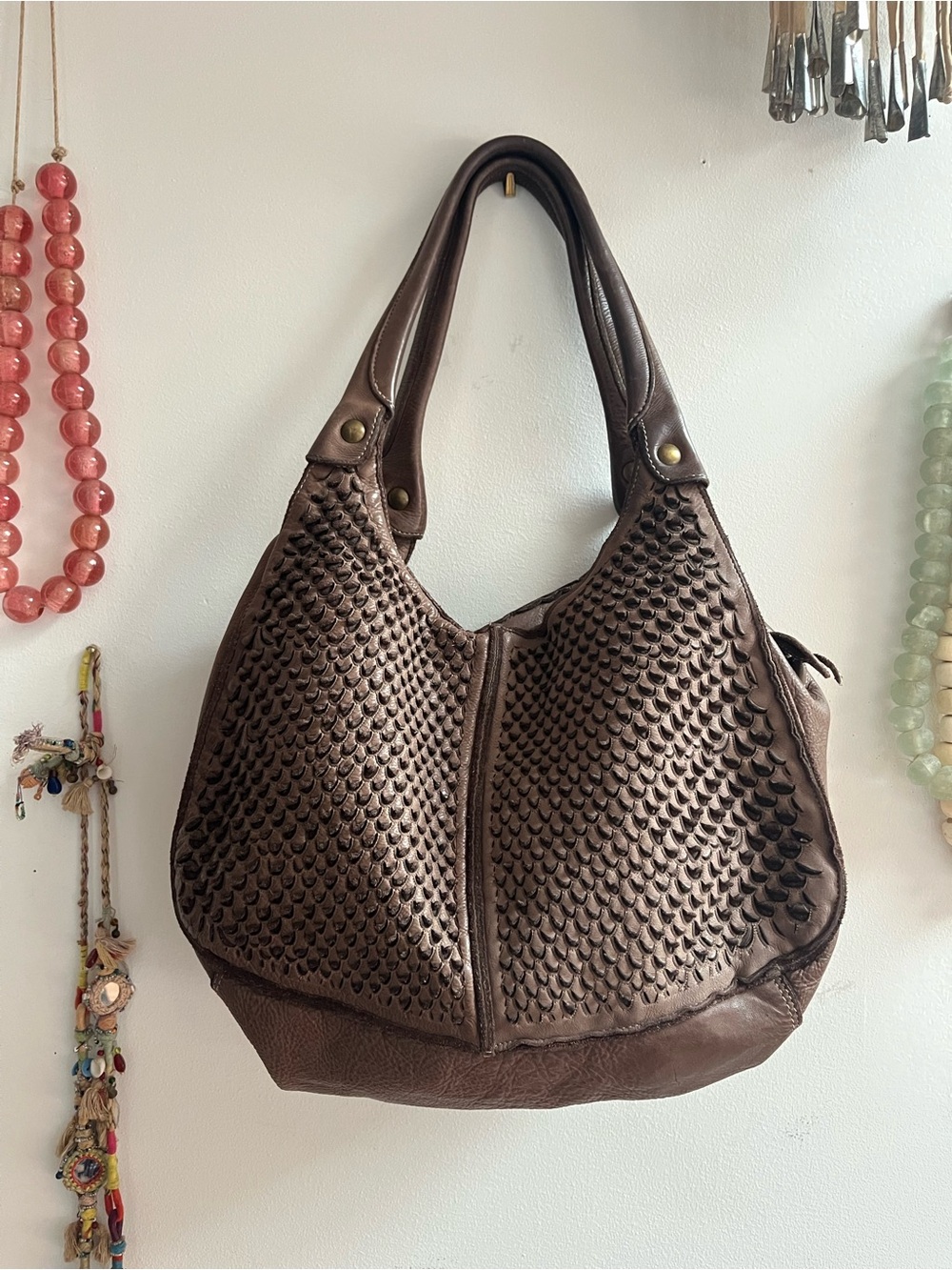 Brown Hobo Cutout Leather Shoulder Bag